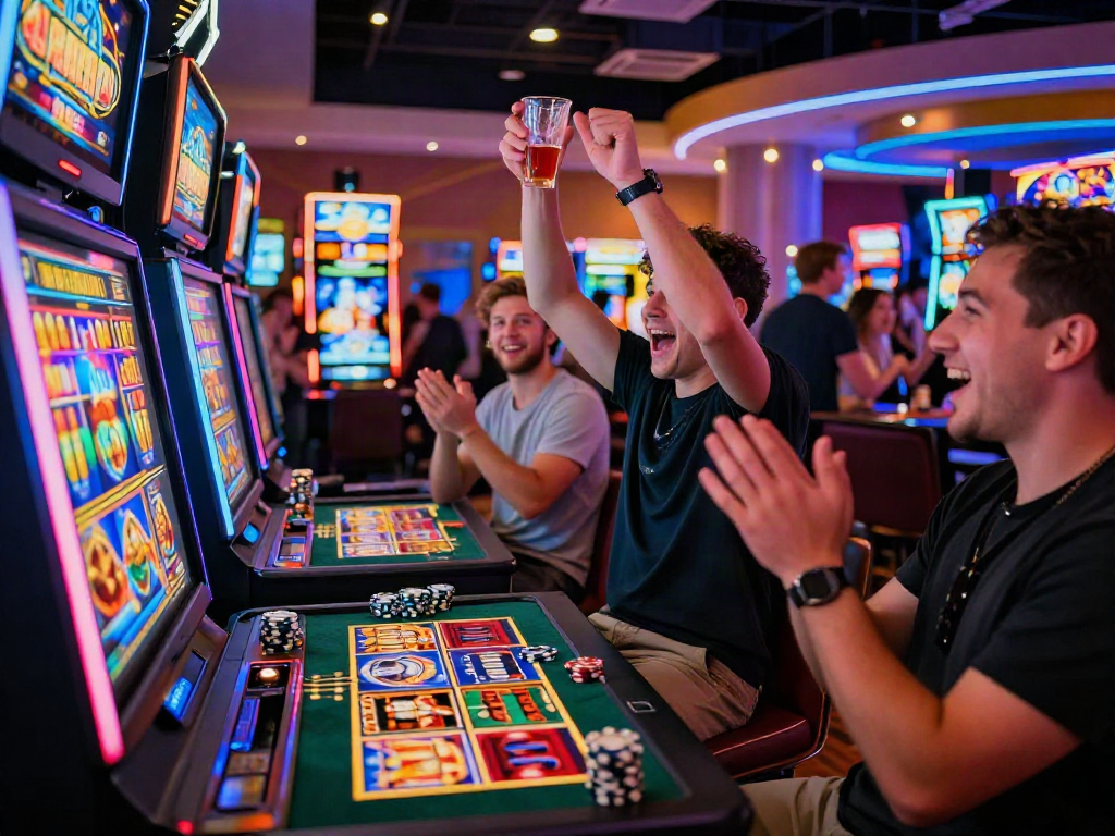 Slot bonus new member 100 celebration at a casino slot machine, friends cheering over a big win.