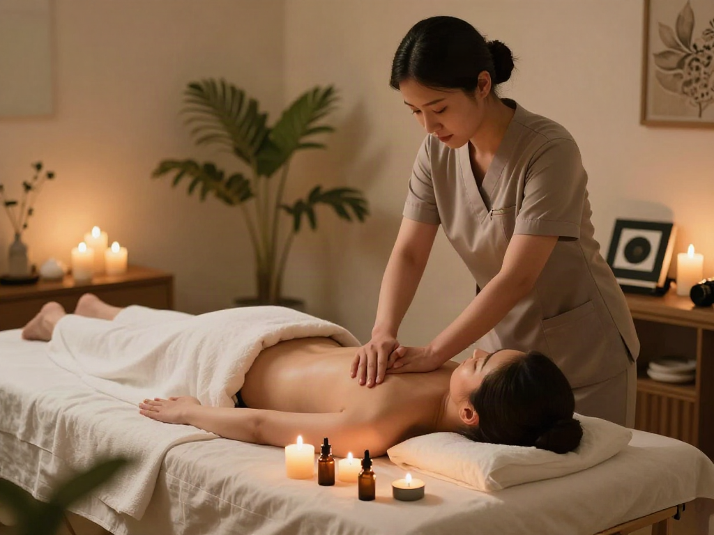 Experience the relaxing 가락동출장마사지 in a serene home spa setting, showcasing a peaceful atmosphere with therapist and client.
