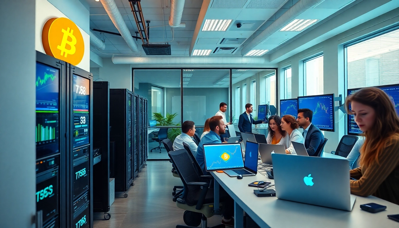 Bitcoin mining office showcasing advanced mining rigs and professionals collaborating on cryptocurrency strategies.