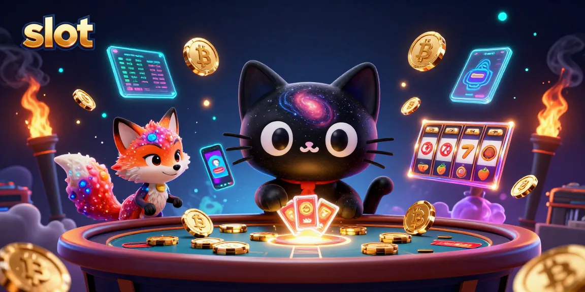 Spin gold tokens and cards alongside a black hole cat in an exciting slot-themed casino.