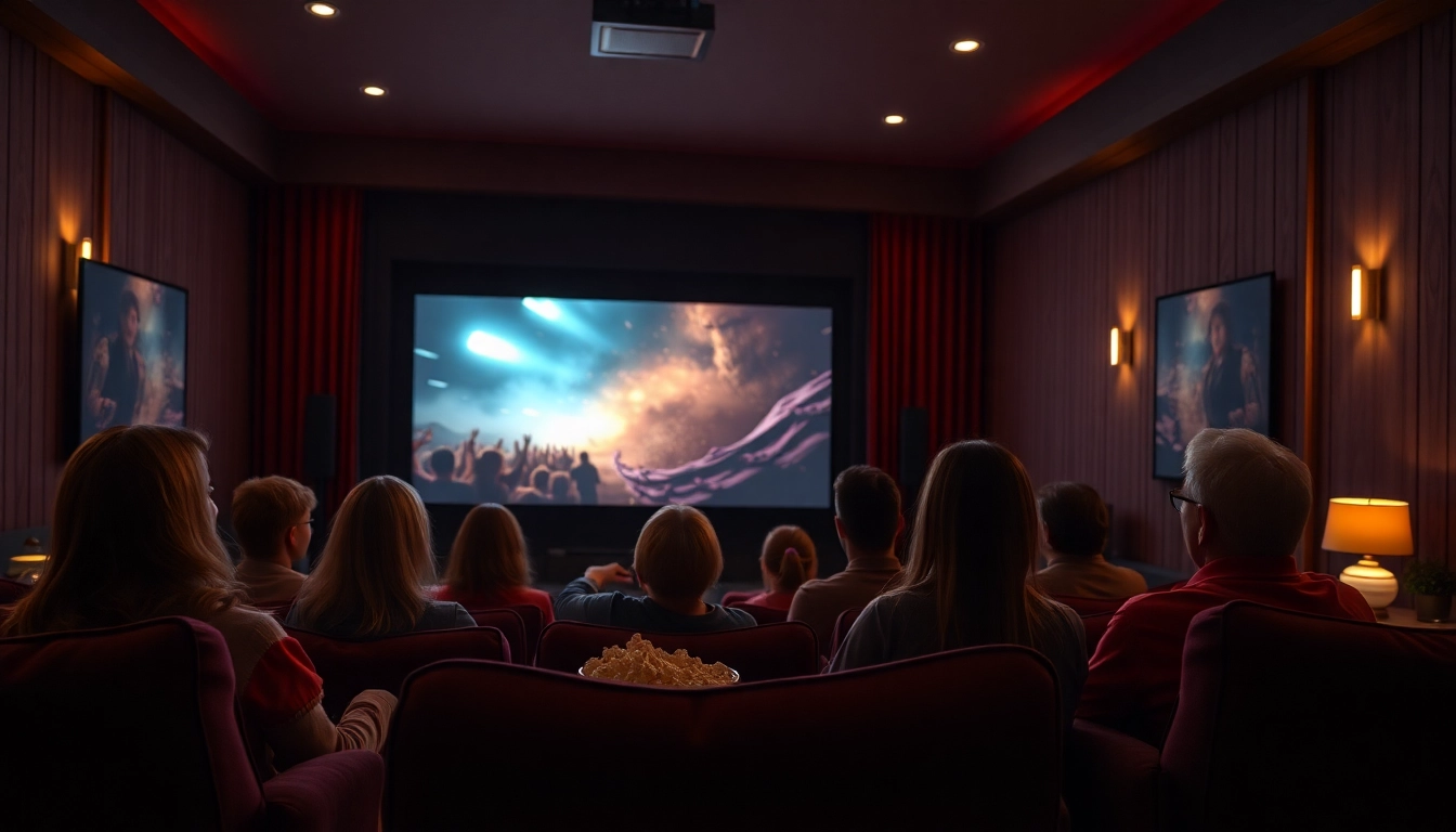 Engaged audience enjoying หนังออนไลน์ in a cozy home theater setting with warm lighting.