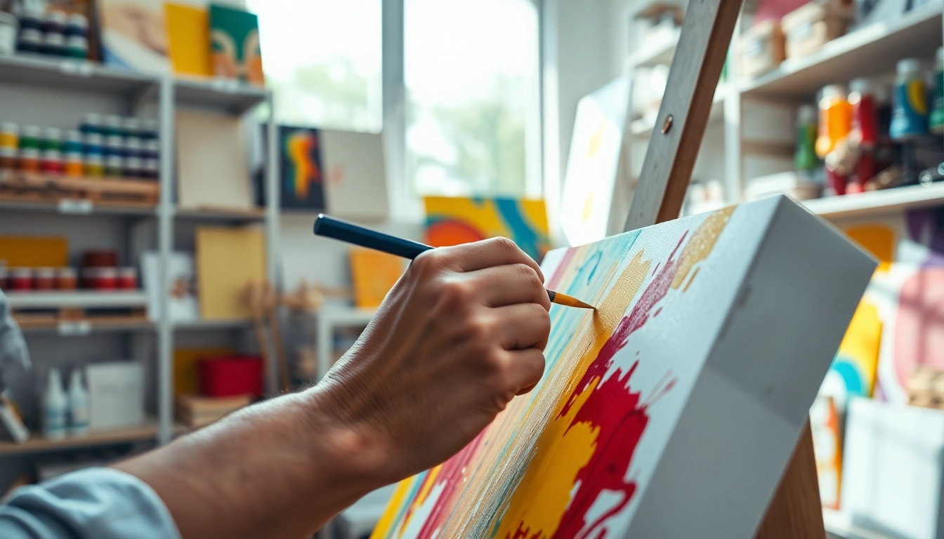 Canvas schilderachtige creaties in een kleurrijke studio met artistieke materialen.