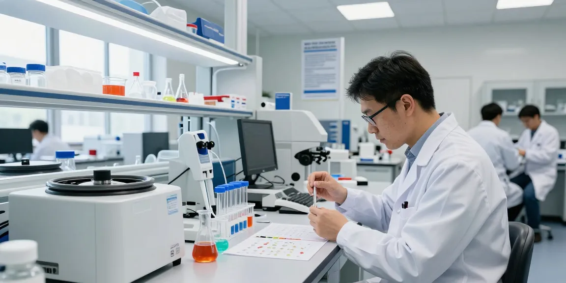 Swiss Chems laboratory scene with scientists analyzing high-purity peptides and SARMs.