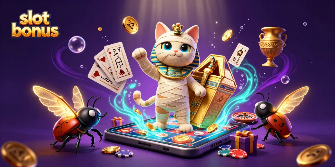 Experience excitement with this slot bonus visual featuring an Egyptian mummy cat, glowing coins, and vibrant game elements.