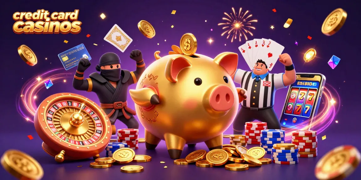 Credit card casinos showcase a vibrant 3D scene with a sumo wrestler bank, a ninja, and a samurai.