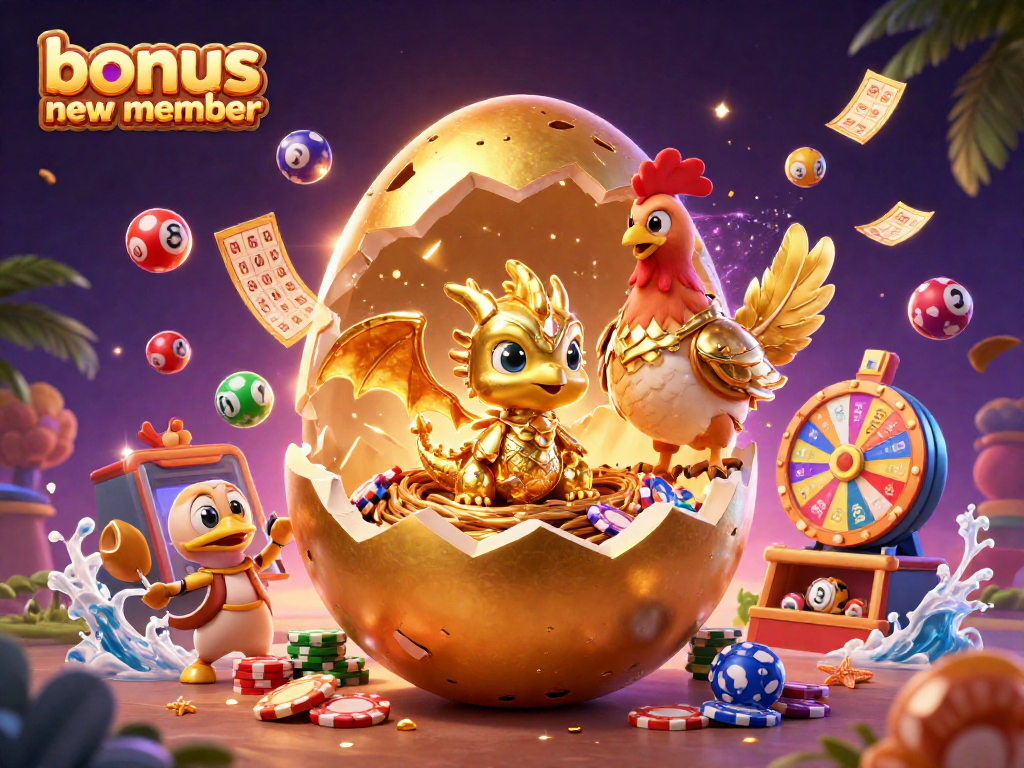 Engage with the bonus new member offer featuring vibrant casino elements and golden treasures in a lively digital scene.