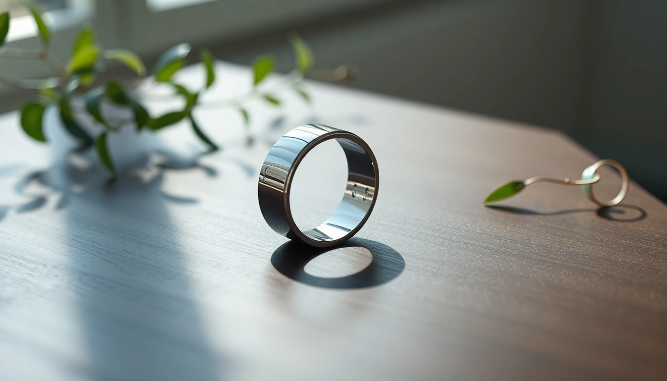 Showcase a Smart Health Ring reflecting its design and technology on a sleek wood surface.