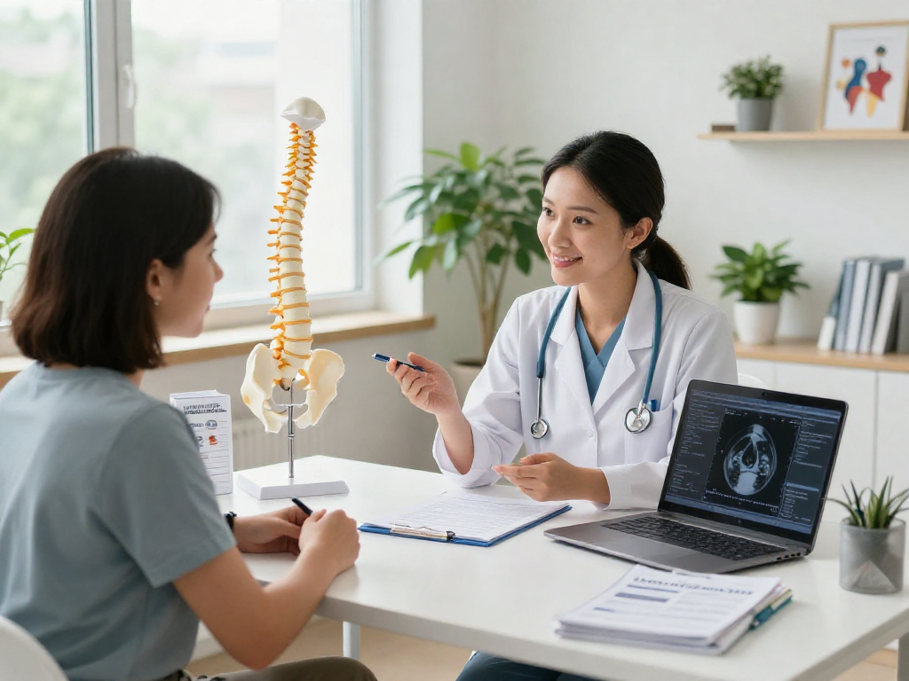Discussing bel fıtığı ameliyatı options in a modern medical clinic with healthcare professional and patient.