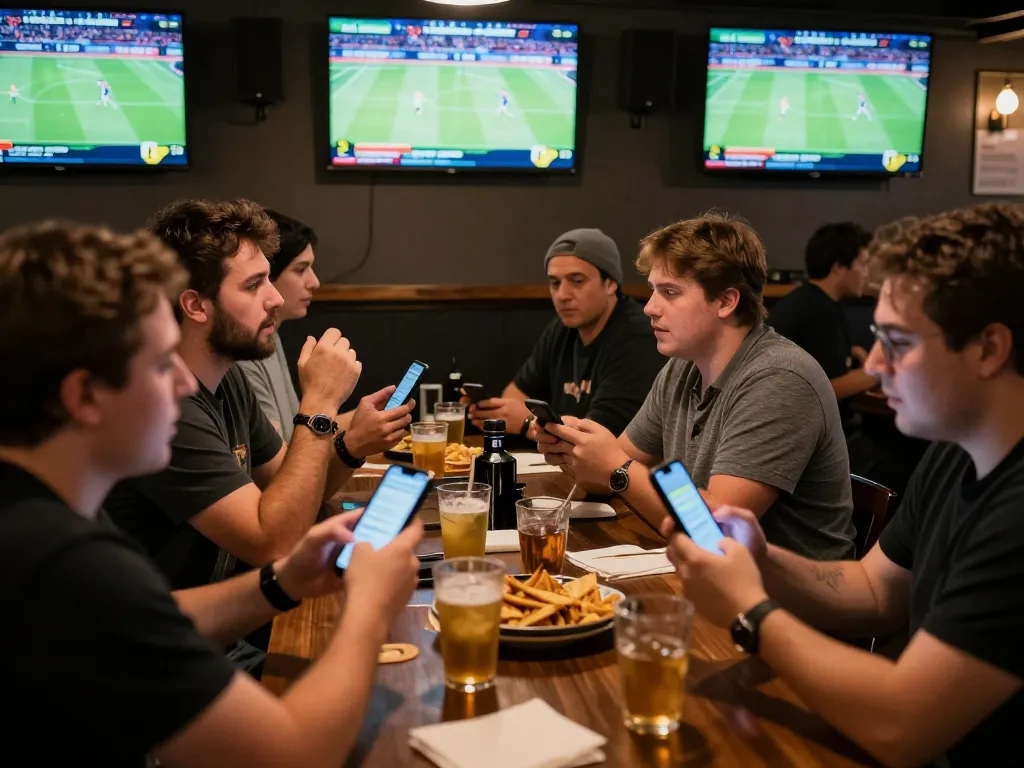 Engaging action at sports betting where patrons check apps for tin soi kèo updates during live game.