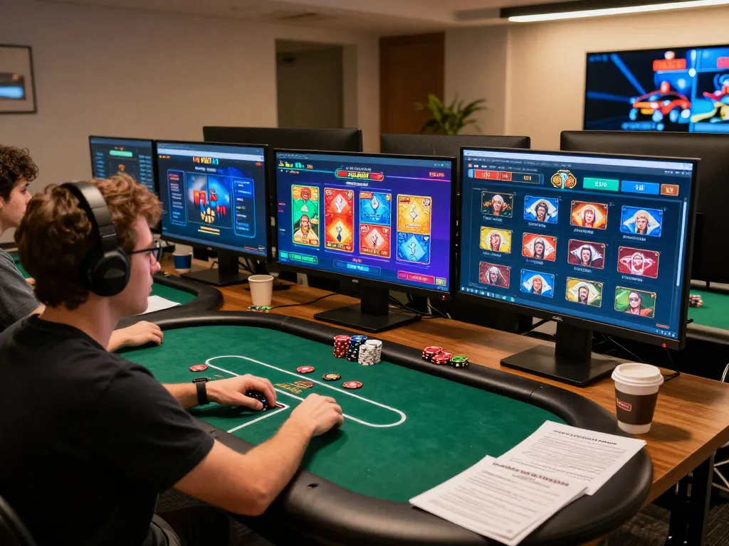 Engaging gameplay at nhà cái 388bet online casino with multiple screens showcasing poker strategies and responsible gaming.