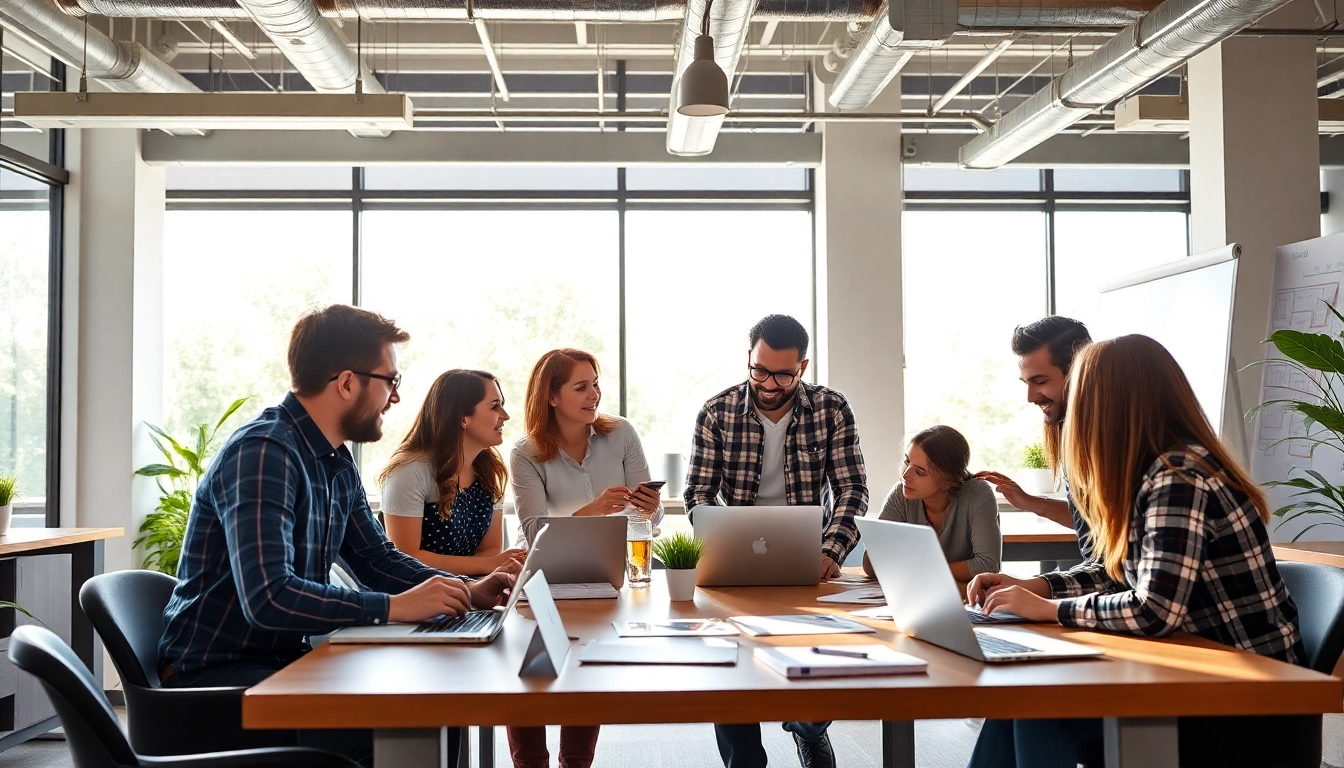 Engaged team at a digital marketing company collaborating in a vibrant office.