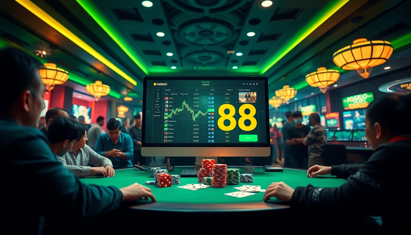 Exciting gambling atmosphere showcasing online gaming platforms and Hello88 branding.
