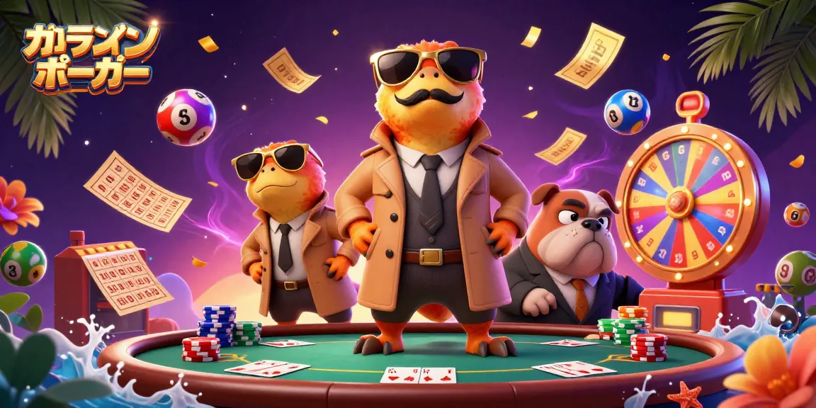 オンラインカジノ ポーカーでのゲームシーンを楽しむ3Dキャラクターたちの活気に満ちたイラスト。