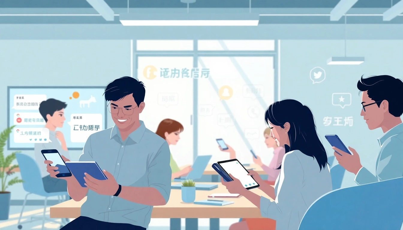 Engaging scene illustrating the 有道翻译 app in use, showcasing diverse users in a modern workspace.