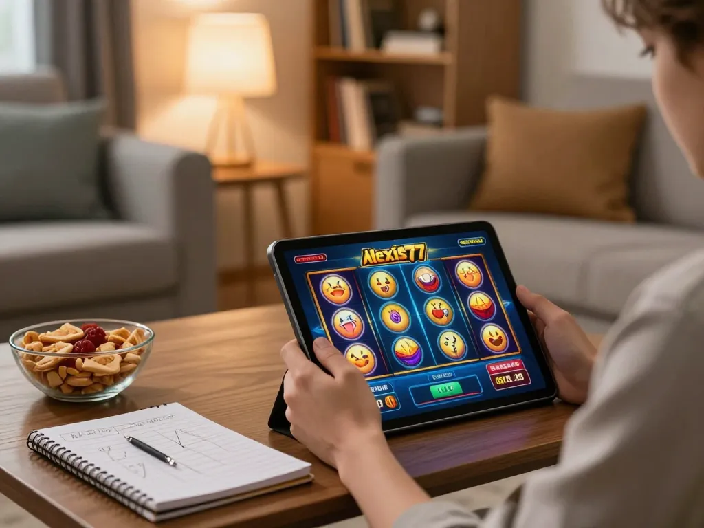 Engaging alexis77 slot gameplay on tablet in cozy home setting, showcasing responsible gaming.