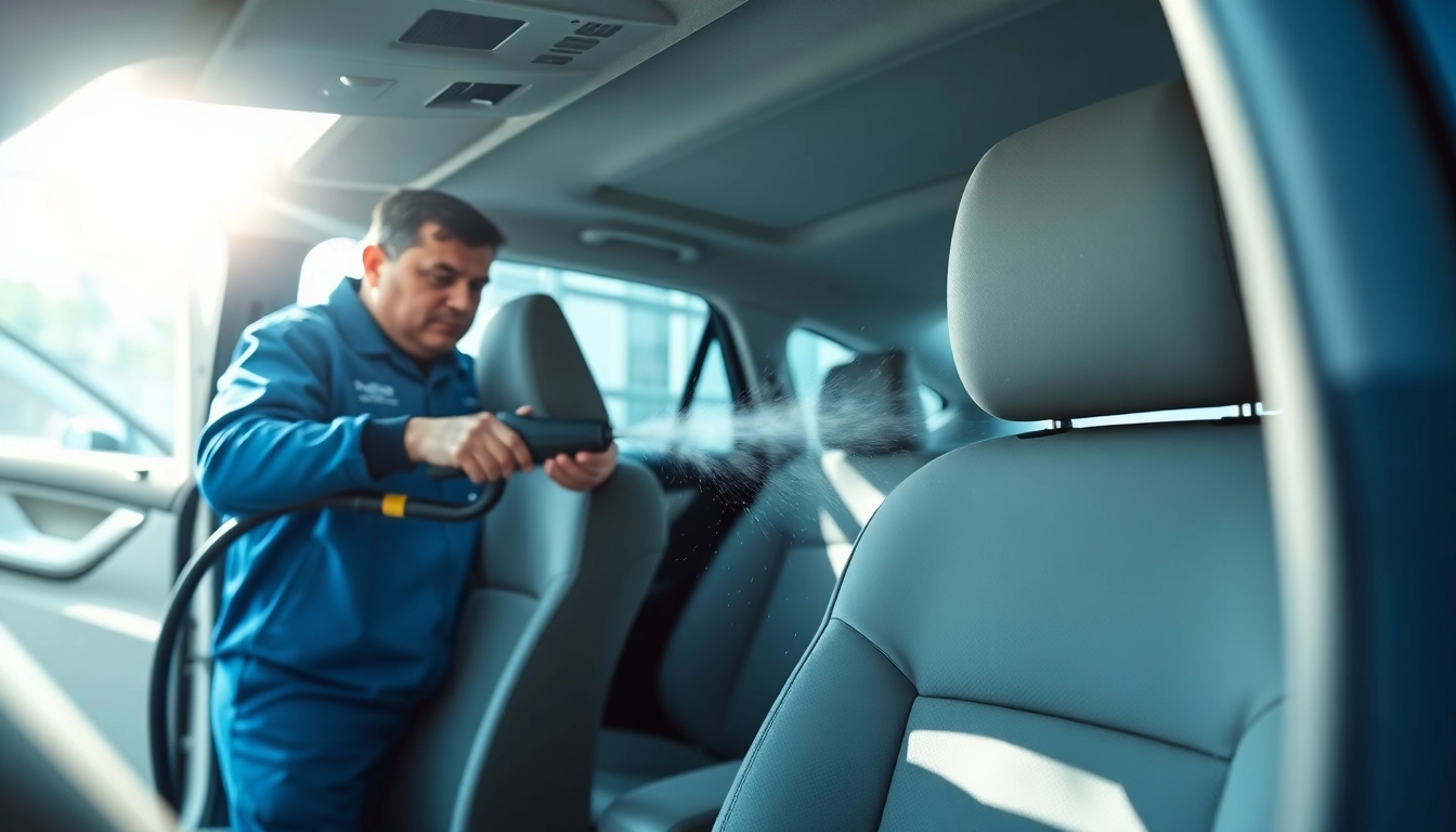 Technician steam cleaning car interior for a spotless finish, showcasing meticulous care.
