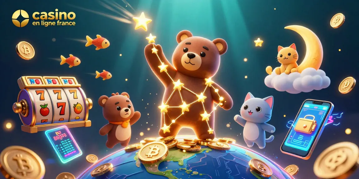 Jouez et gagnez au casino en ligne France avec cette illustration ludique remplie de symboles de jeux et de magie.