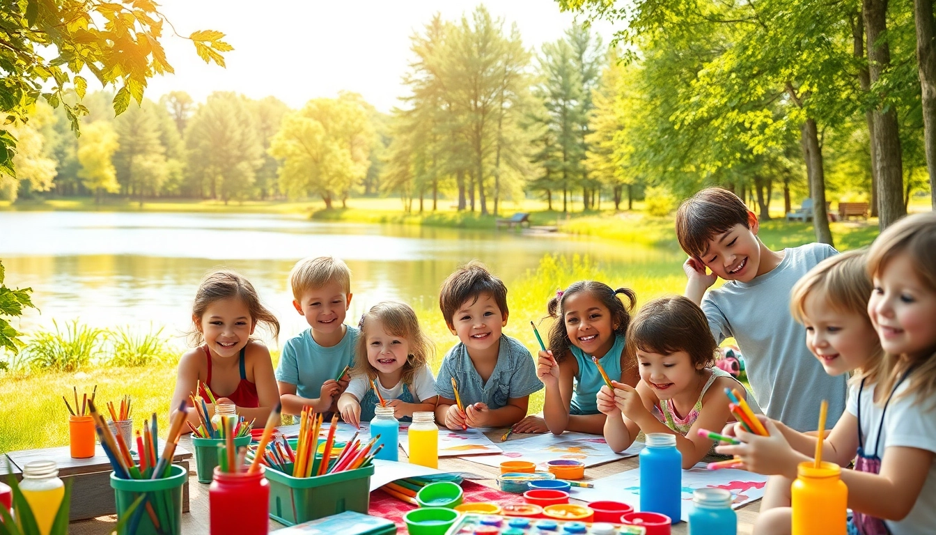 Children enjoying summer kids camp with creative activities and nature exploration in a bright setting.