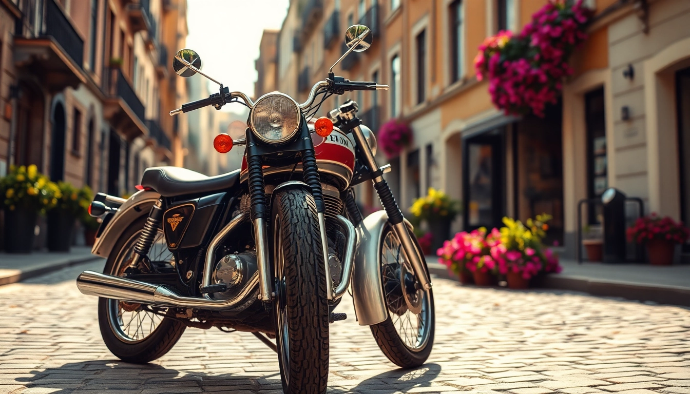 Verkaufen Sie Ihre Royal Enfield mit Stil auf https://moto-ankauf.de/royal-enfield-verkaufen. Vintage-Motorrad vor historischem Hintergrund.