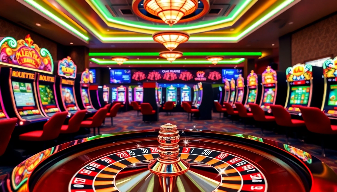 Engage in thrilling games at a vibrant casino online with a dazzling roulette wheel and slot machines