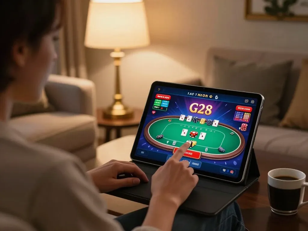 Engaging gameplay on G28 poker app from a cozy living room, showcasing tablet interaction and vibrant graphics.