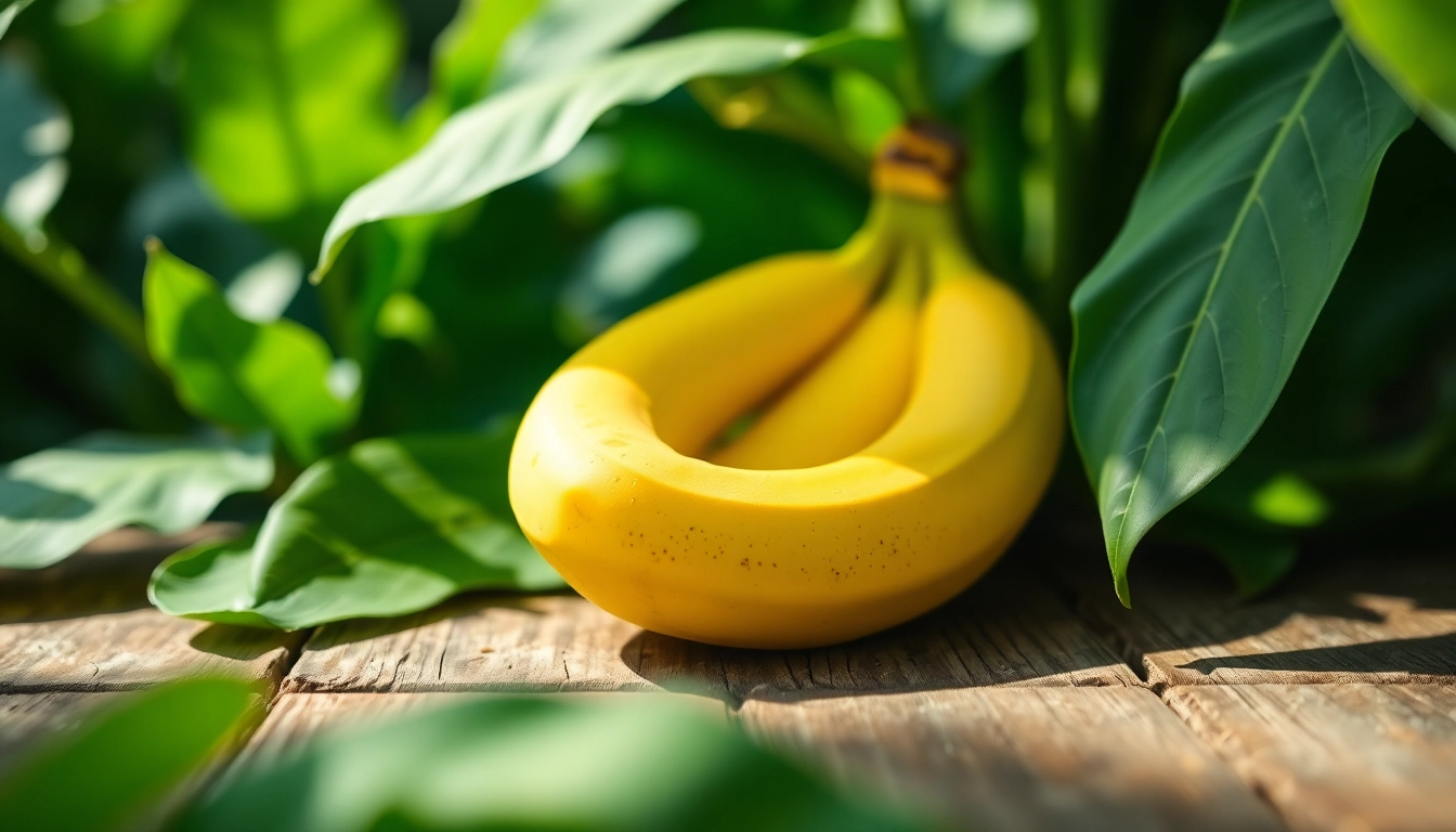 Showcasing a vibrant nano banana surrounded by leaves, emphasizing freshness and nature.