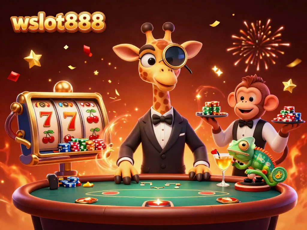 Permainan wslot888 dengan jerapah dan valet di meja poker mewah, menampilkan elemen jackpot.
