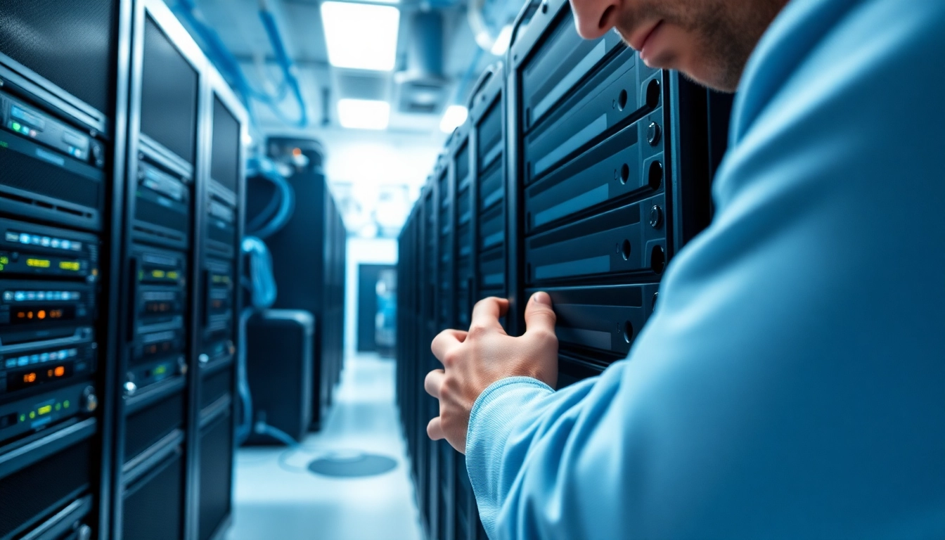 Illustration showcasing a technician performing NAS & SAN Storage Deployment in a data center.