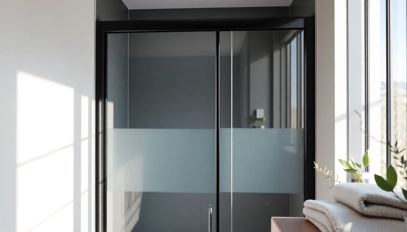 Elegant black shower door black frame enhancing a stylish modern bathroom.