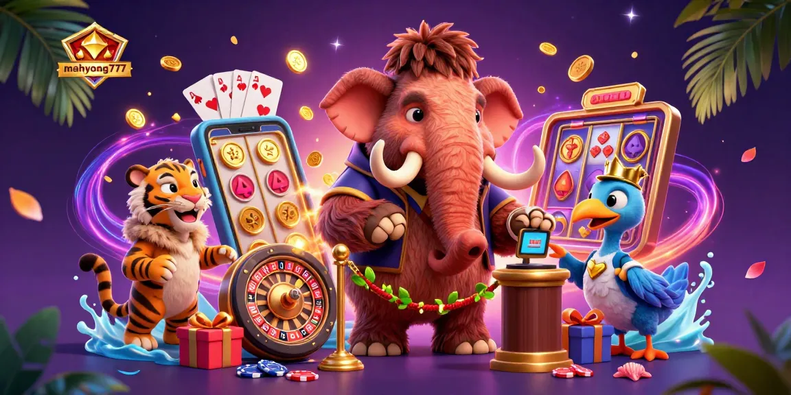 Experience winning thrills with mahyong777 in this vibrant casino scene featuring a mammoth bouncer and slot games.