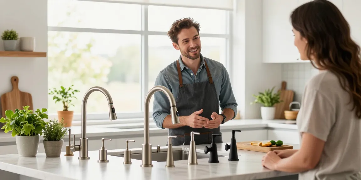 Stylish kitchen faucets showcased in modern kitchen featuring professional designer assisting homeowner, bright and inviting atmosphere.