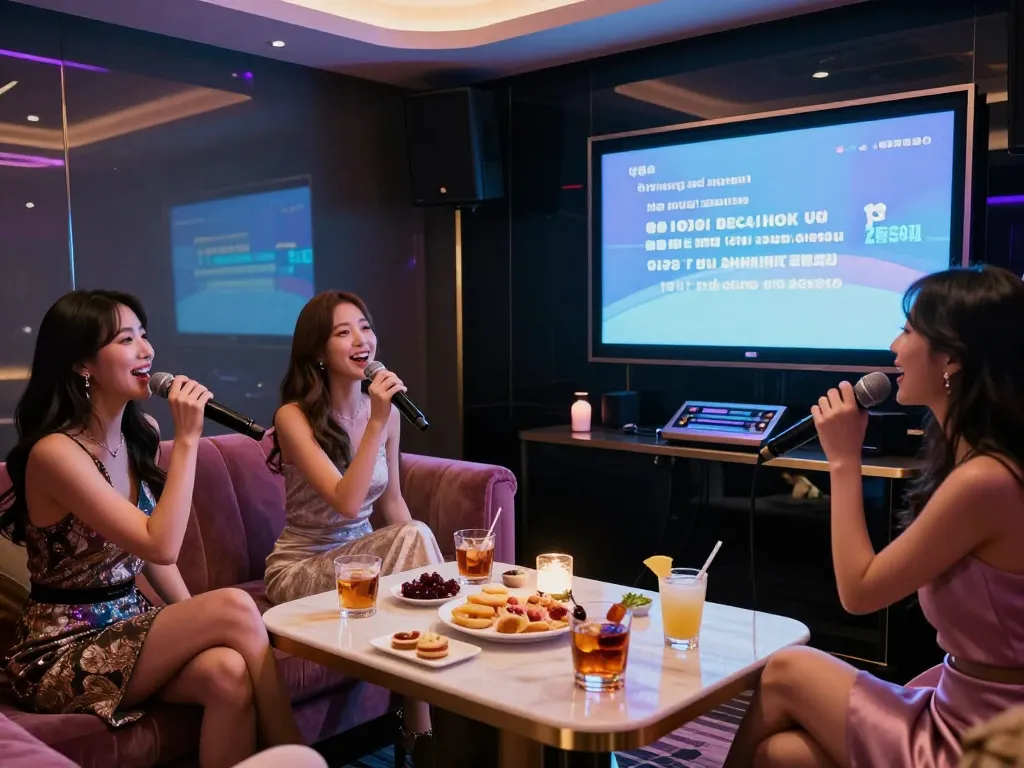 Group enjoying a vibrant karaoke night at gangnamtune.com’s luxury venue, featuring drinks, singing, and stylish decor.