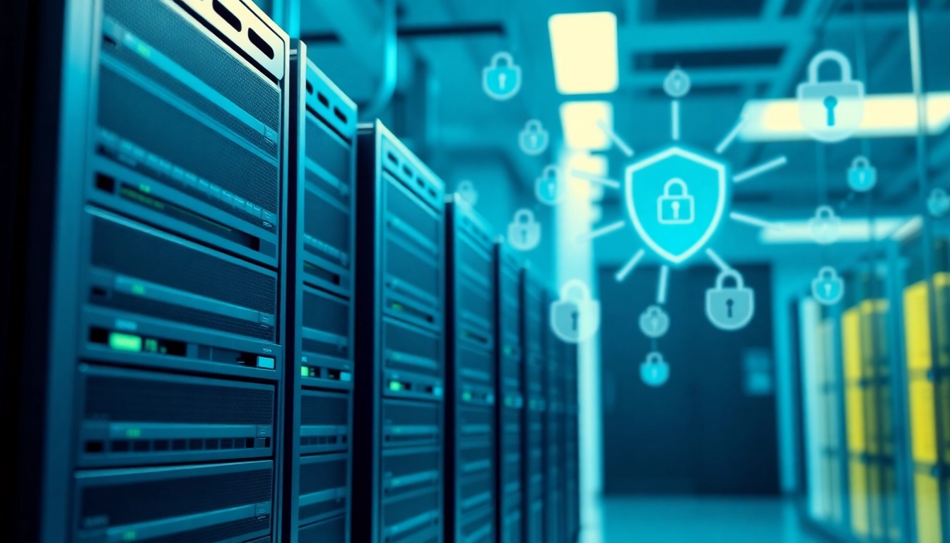 Visual representation of CDN with DDoS Protection featuring secure data servers and network technology.