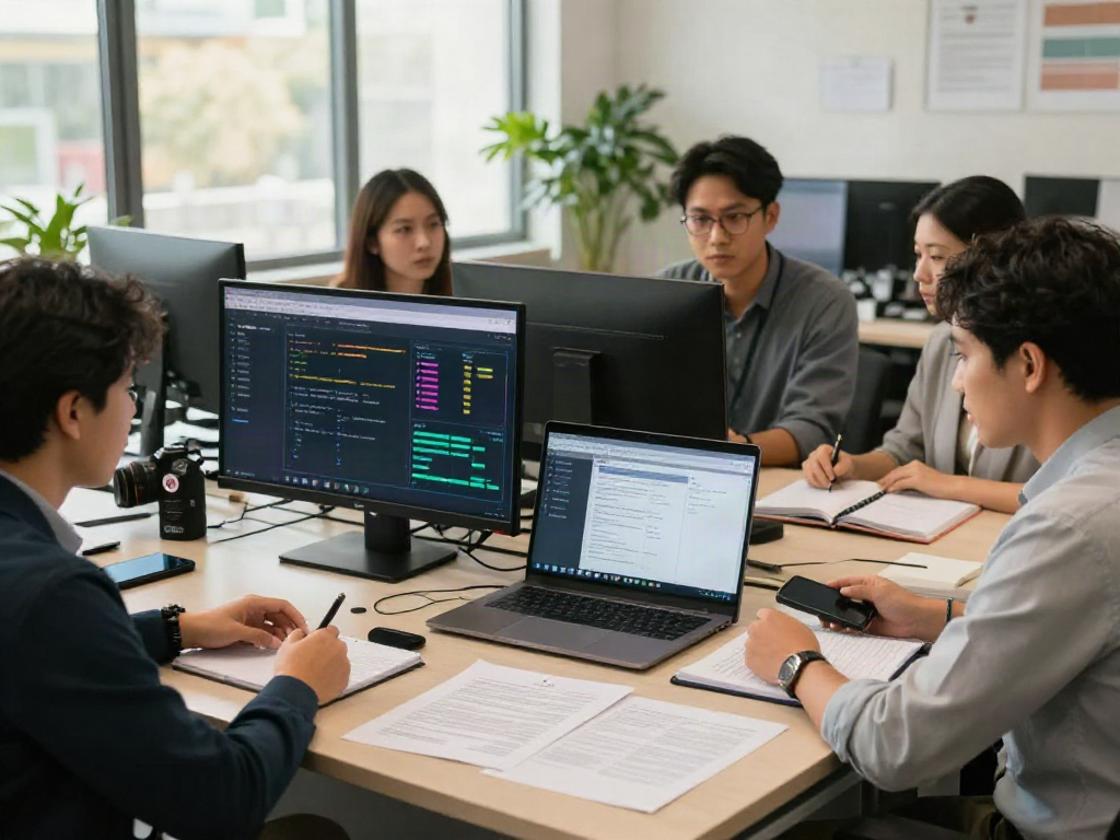 Professionals collaborating to Start a service bureau in a modern office.