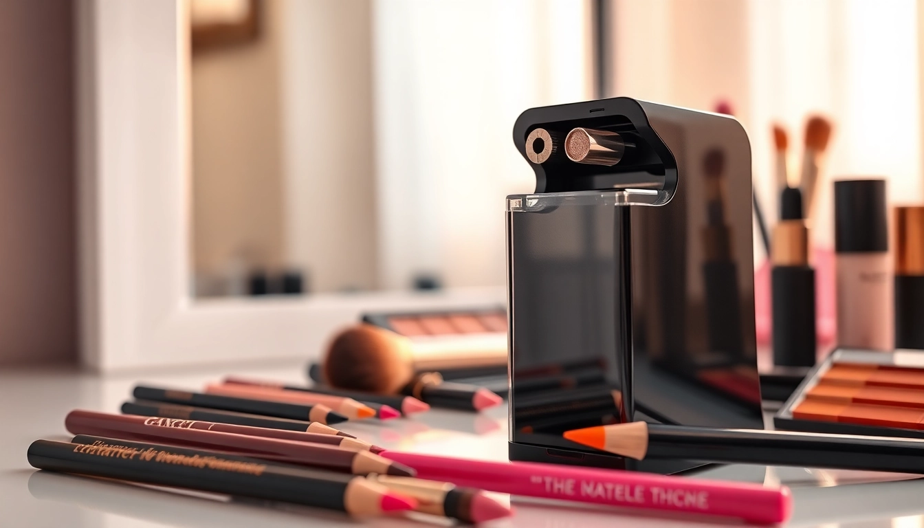 Efficient makeup pencil sharpener surrounded by colorful makeup products showcasing its sleek design.