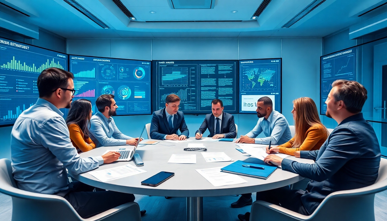 Crisis management consultant leading a dynamic team strategy session in a modern office environment.