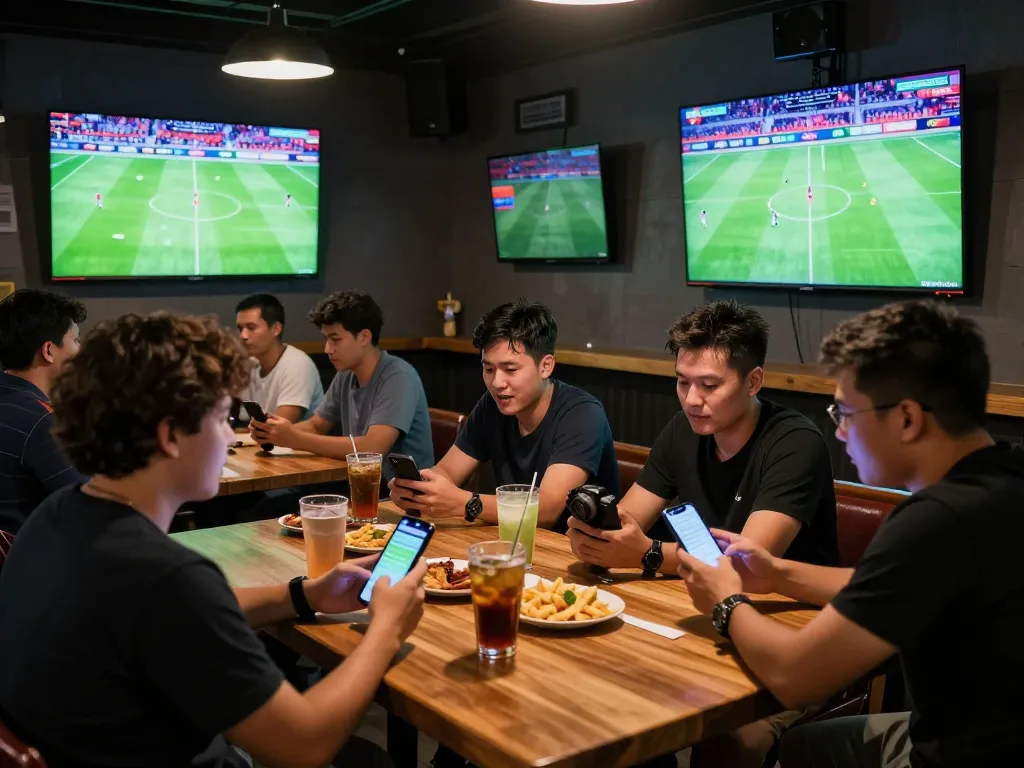 CàkhịaTV fans cheering as they place bets using apps while watching live sports.
