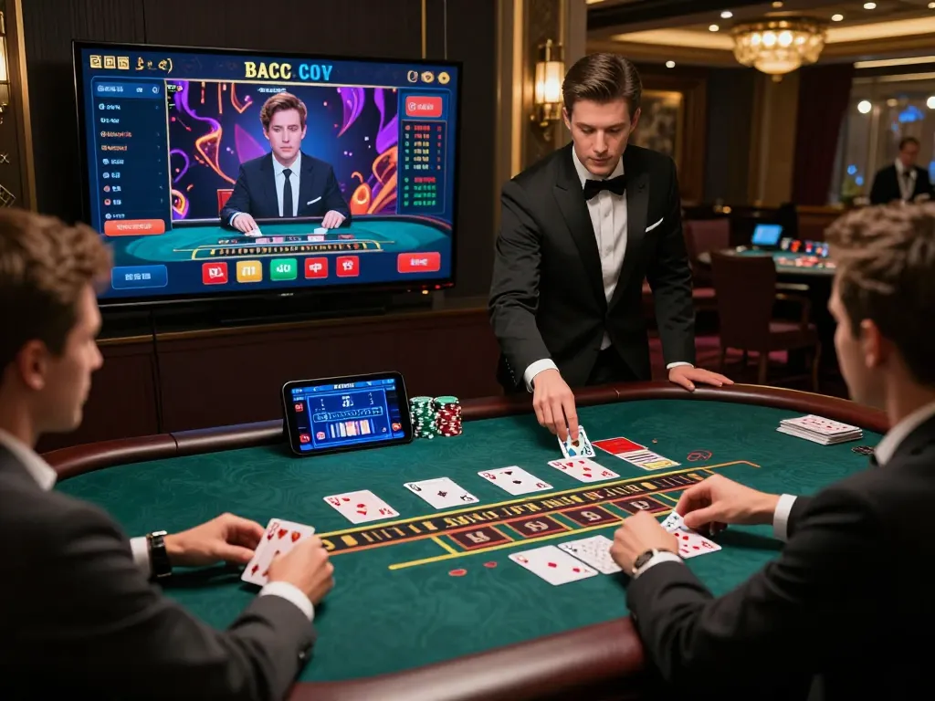 Engaging baccarat gaming environment showcasing online players and a live dealer interface in a luxurious setting, featuring the keyword 바카라사이트.