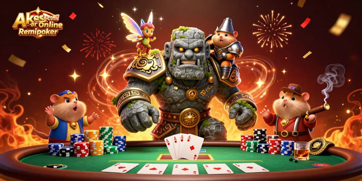 Akses Resmi Poker Online Remipoker showcases a magical poker scene with a golem, fairy, and knight interacting with vibrant game elements.