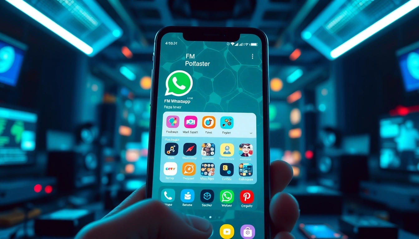 FM WhatsApp interface on a smartphone with vibrant customization options in a modern tech environment