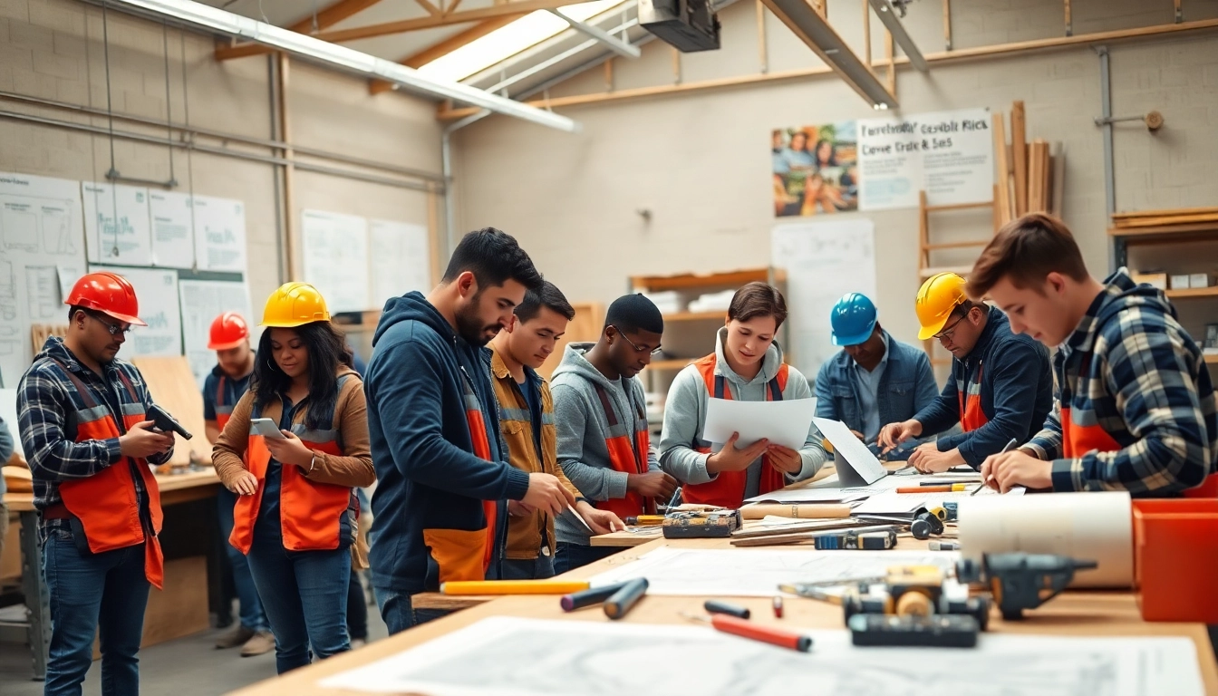 Engaged apprentices participating in construction craft training in a dynamic workshop.