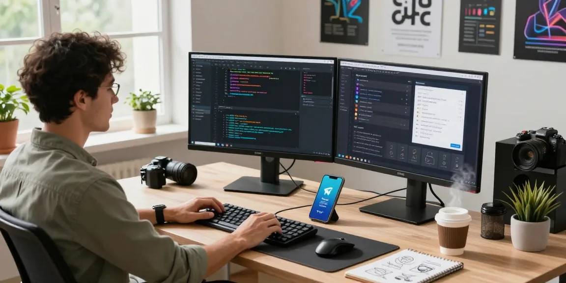 Developer at a modern workspace showcasing 纸飞机官网 features and Telegram notifications, blending productivity and tech aesthetics.