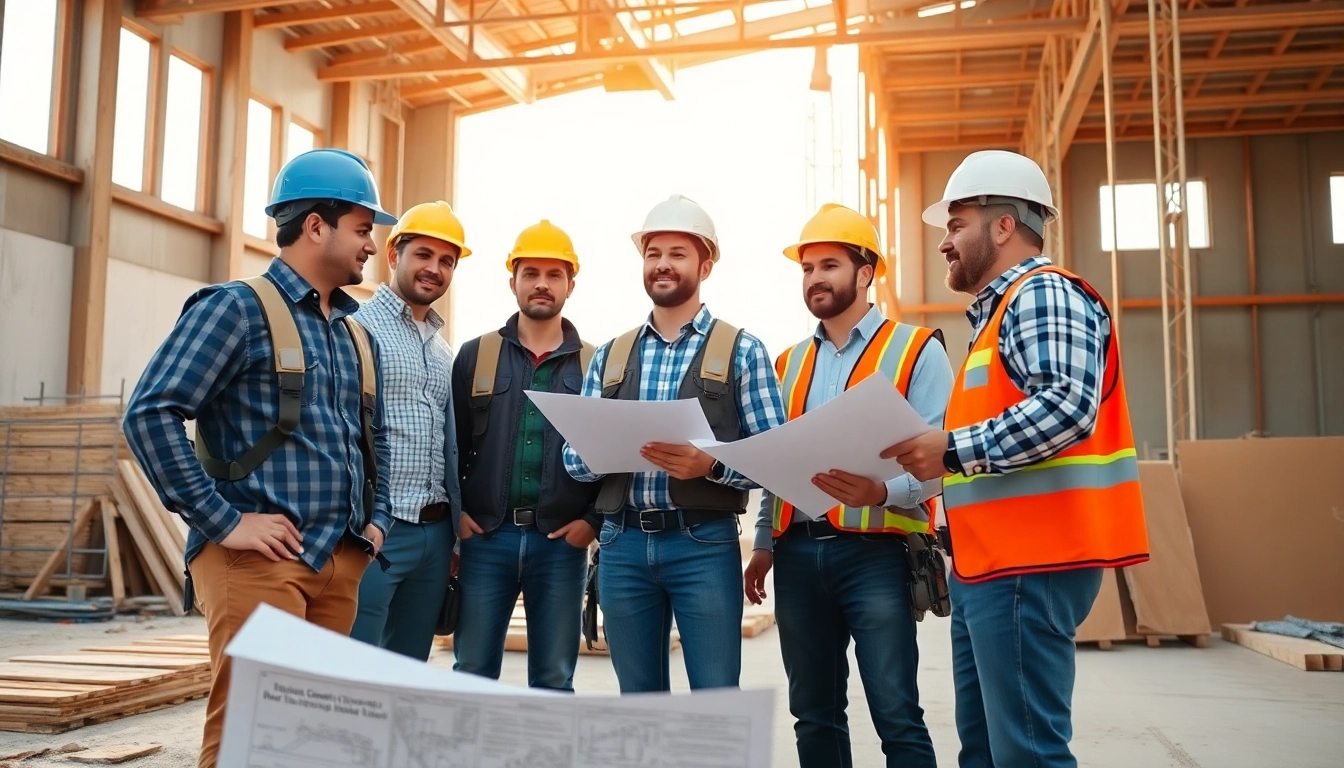 Construction member organization team engaging in teamwork on a building site.