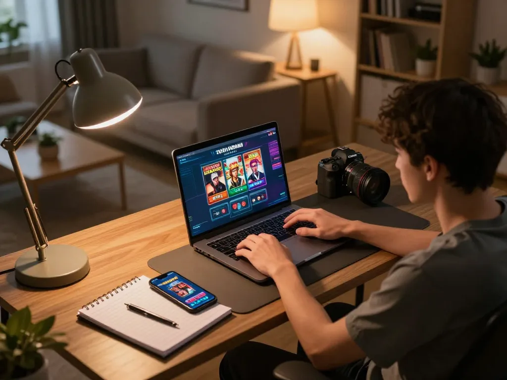 Engaged player using เว็บตรงสล็อต on a laptop in a stylish home office.