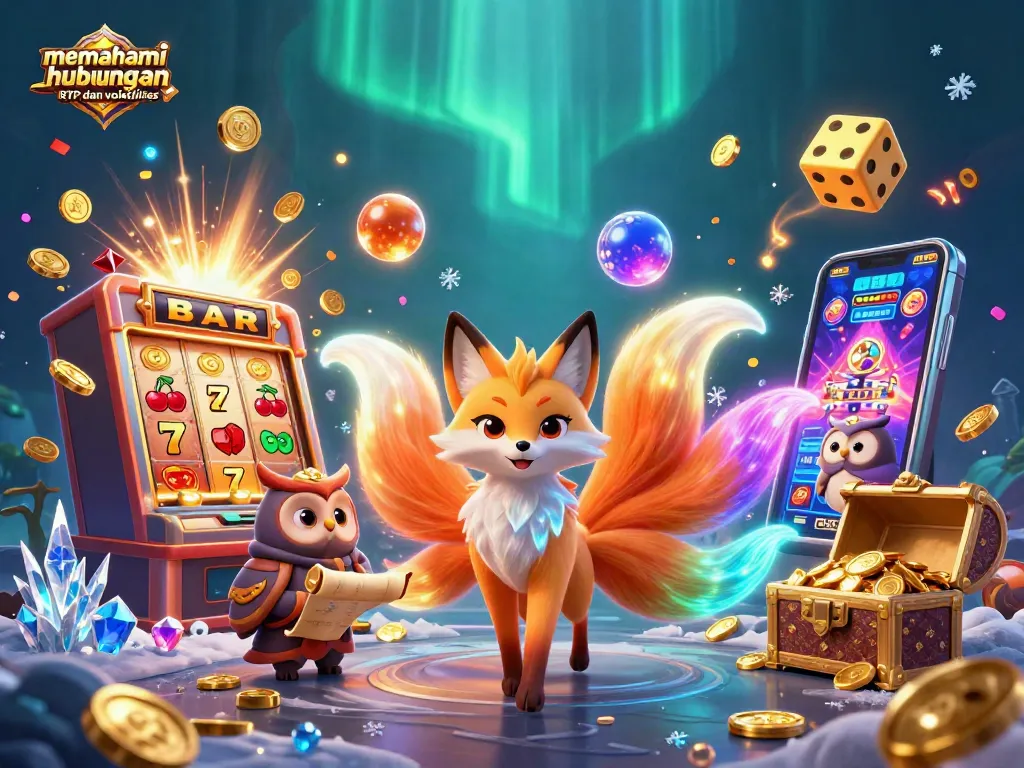 Memahami hubungan RTP dan volatilitas dalam permainan slot dengan ilustrasi karakter menarik di kasino.