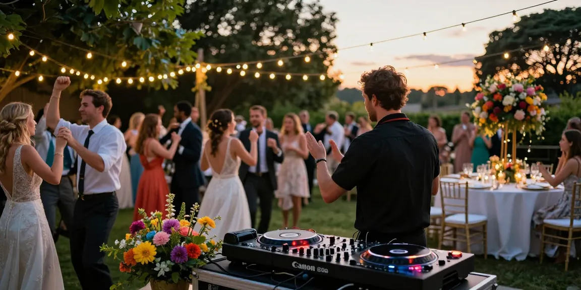 Hochzeit DJ Brandenburg begeistert die Gäste mit mitreißender Musik auf einer eleganten Veranstaltung im Freien.