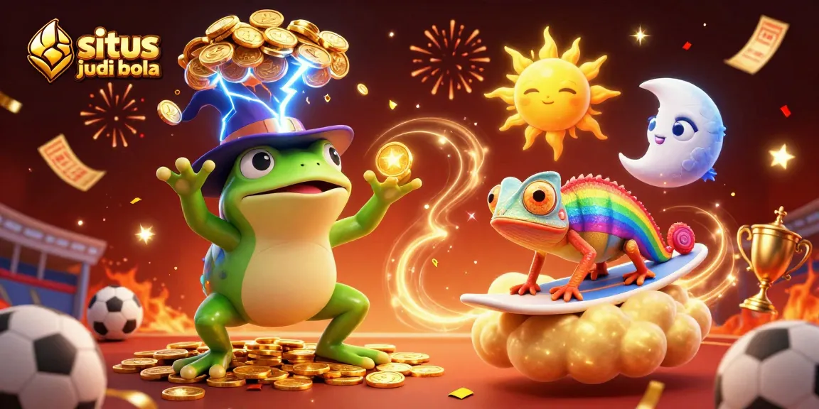 Engage with situs judi bola through a vibrant 3D casino scene bursting with action and colorful elements.