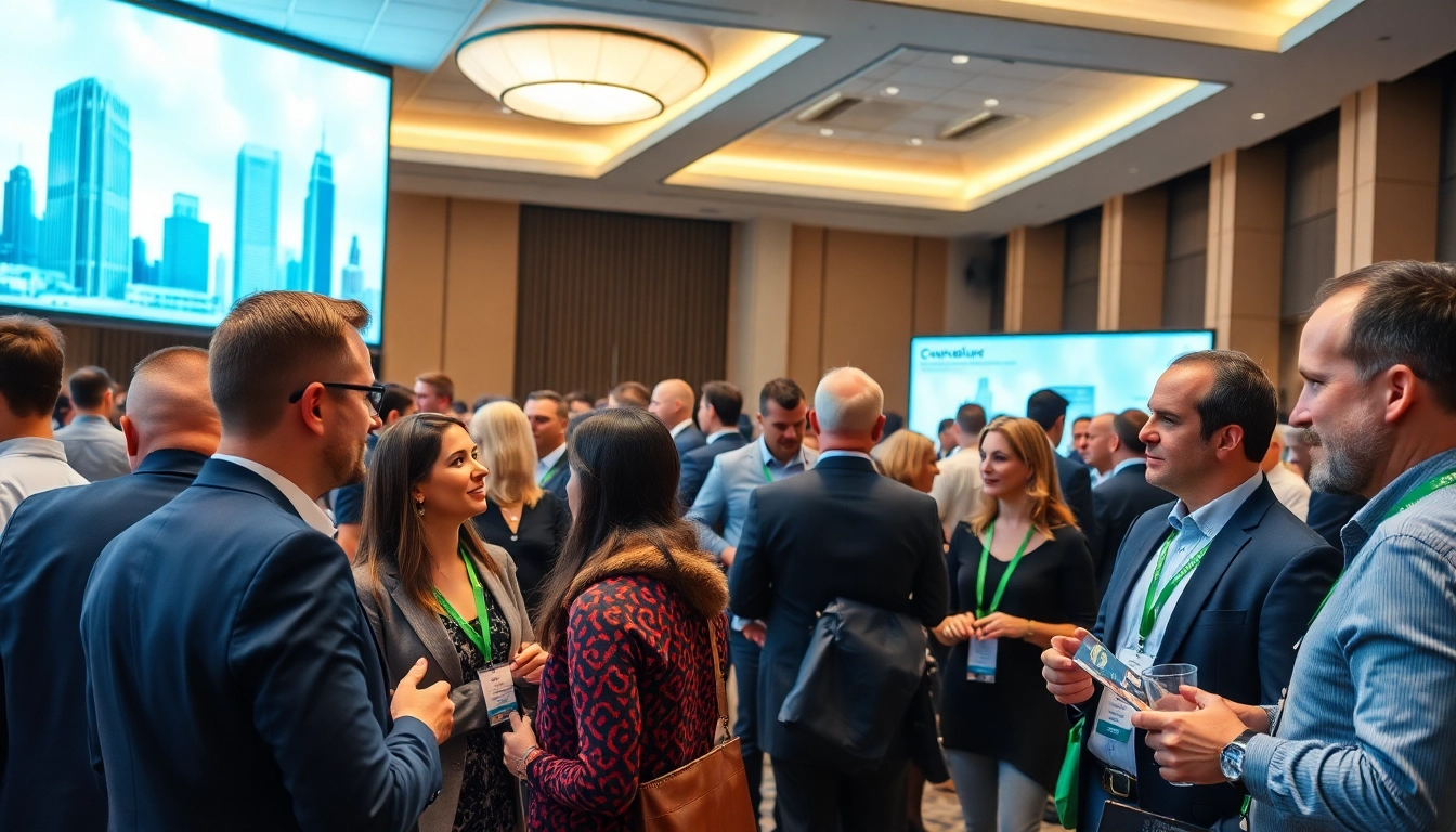 Engaged professionals at construction networking events exchanging ideas in a modern venue.