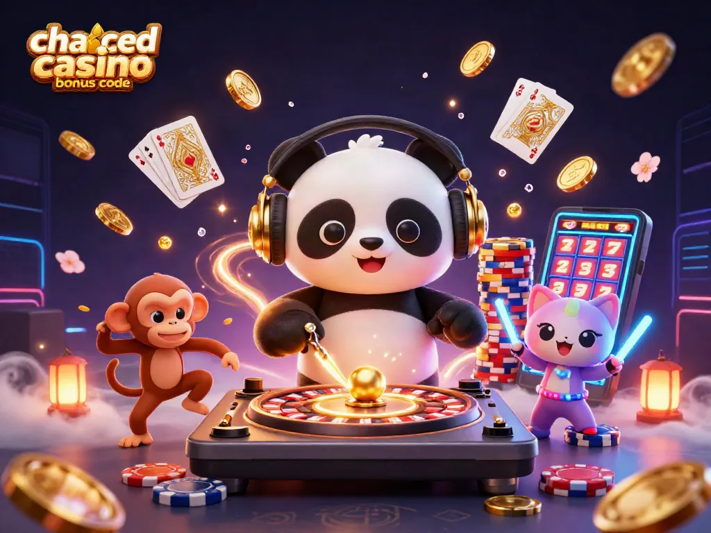 Win big with chanced casino bonus code featuring a DJ panda and friends celebrating in a vibrant casino scene.