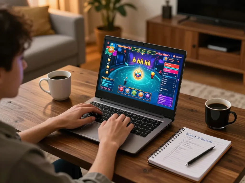 Engaging online gaming experience with nổ hũ highlights on laptop screen and strategic notes.